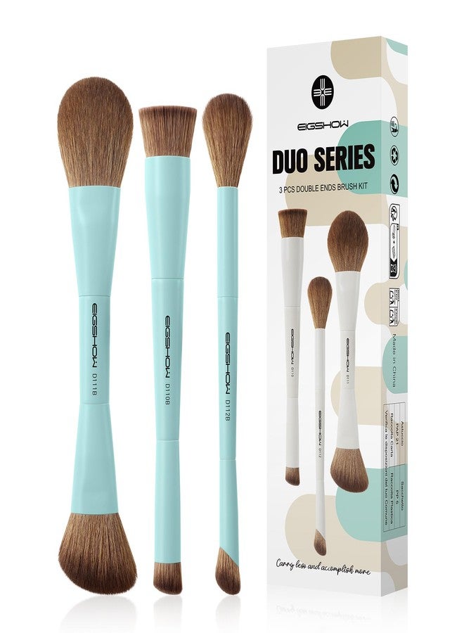 EIGSHOW Makeup Brush Set, 3Pcs Dual Ended Face Makeup Brushes for Foundation Powder Contour Highlight Concealer Nose Shadow, Travel Gift Set (Cyan) - Image 1